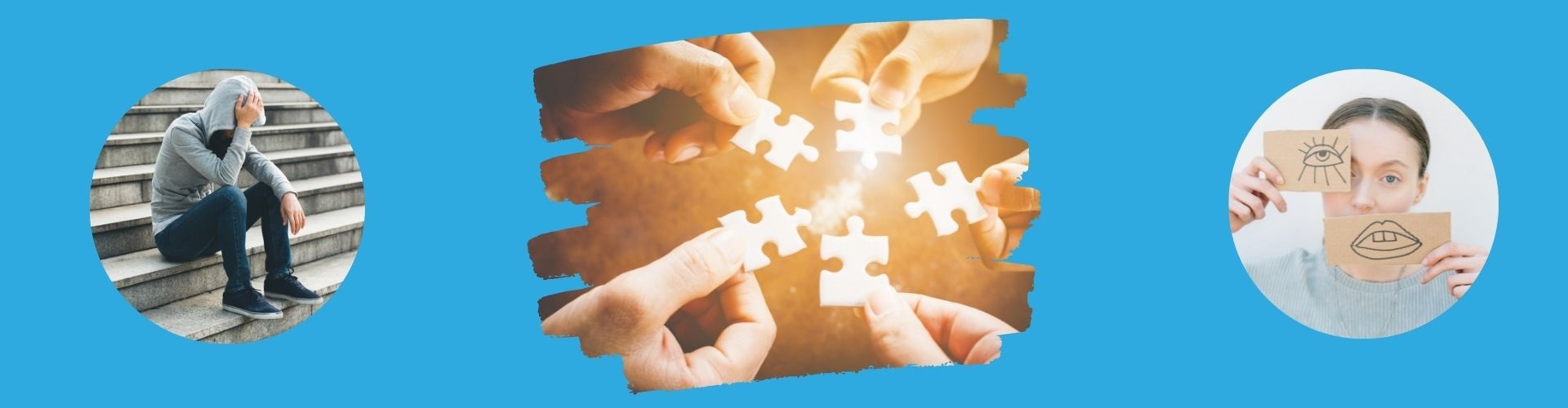 Viel Hände berühren sich. Ein junger Mann mit Kapuze schaut nach unten.