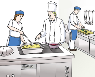 Man sieht zwei Männer und eine Frau beim Kochen