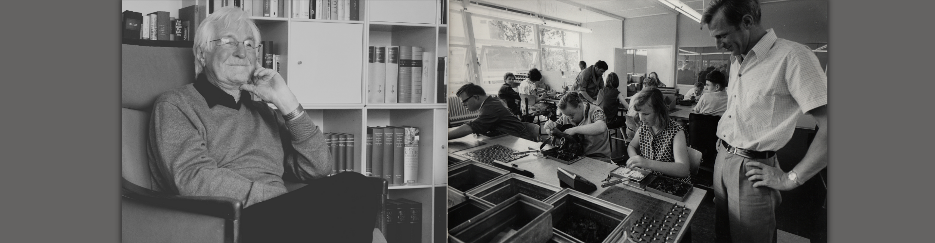 Man sieht ein Foto, wo Gerhard Haack ein alter Mann ist und ein Foto von früher, wo er jung war und in einer Werkstatt ist.